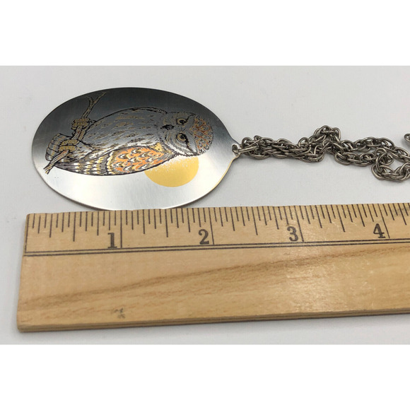 Reed & Barton Necklace 24" Damascene Owl Moon Etched Metal Silver Tone Pendant - Picture 6 of 8